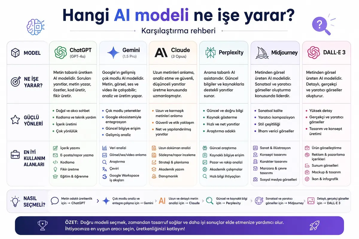 AI modelleri karşılaştırma tablosu - GPT, Claude, Gemini, <a href=